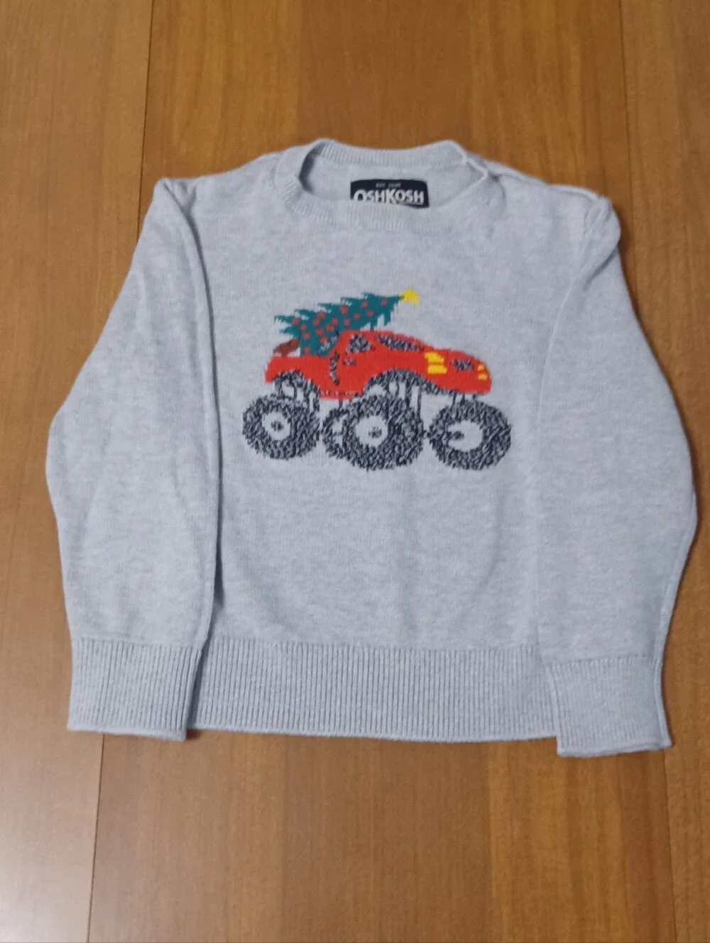 OshKosh B'Gosh Christmas Sweater Boys 3T Gray Red Monster Truck Tree Holiday